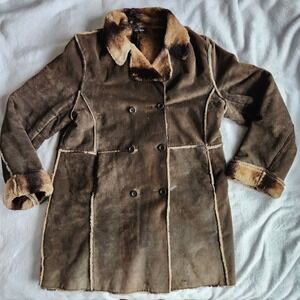 Vintage Marvin Richards Genuine Leather Suede Coat Faux Fur Women's XL Brown